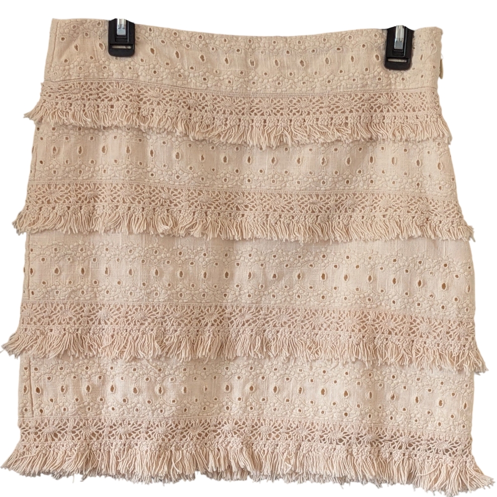 HD In Paris Anthropologie Fringed Linen Skirt Minimalist Boho Party Business